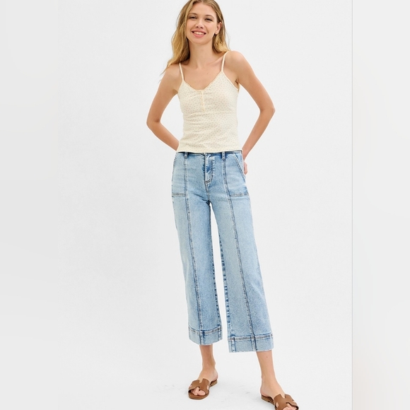RISEN High Rise Crop Wide Front Seam Detailed Jeans And Plus Size - Picture 6 of 11